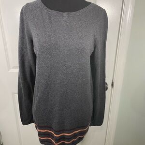 LOFT Charcoal Sweater with Multicolor Striped Hem Size Medium CB-
